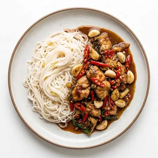 Thai Basil Chili Fish with Lemongrass Rice Noodles